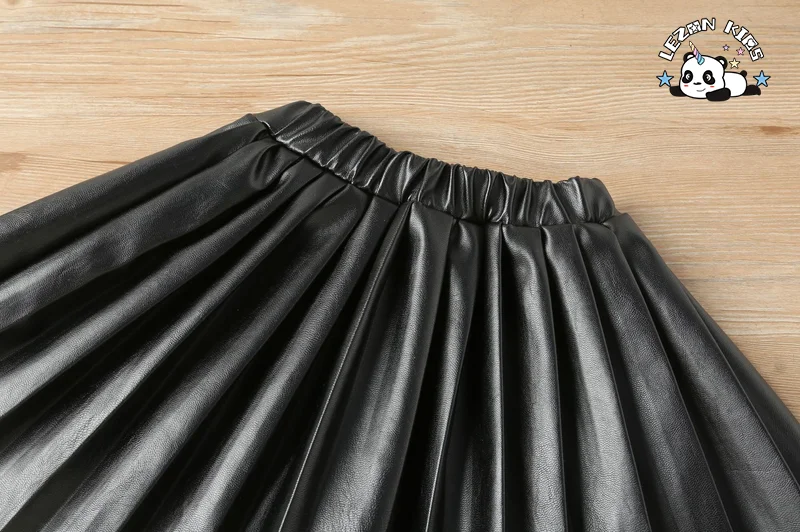 LEZONKIDS - Nova Chegada Saia Vermelha de Couro PU Preto de Verão para Meninas Saia Plissada de Cor Pura Saia Curta
